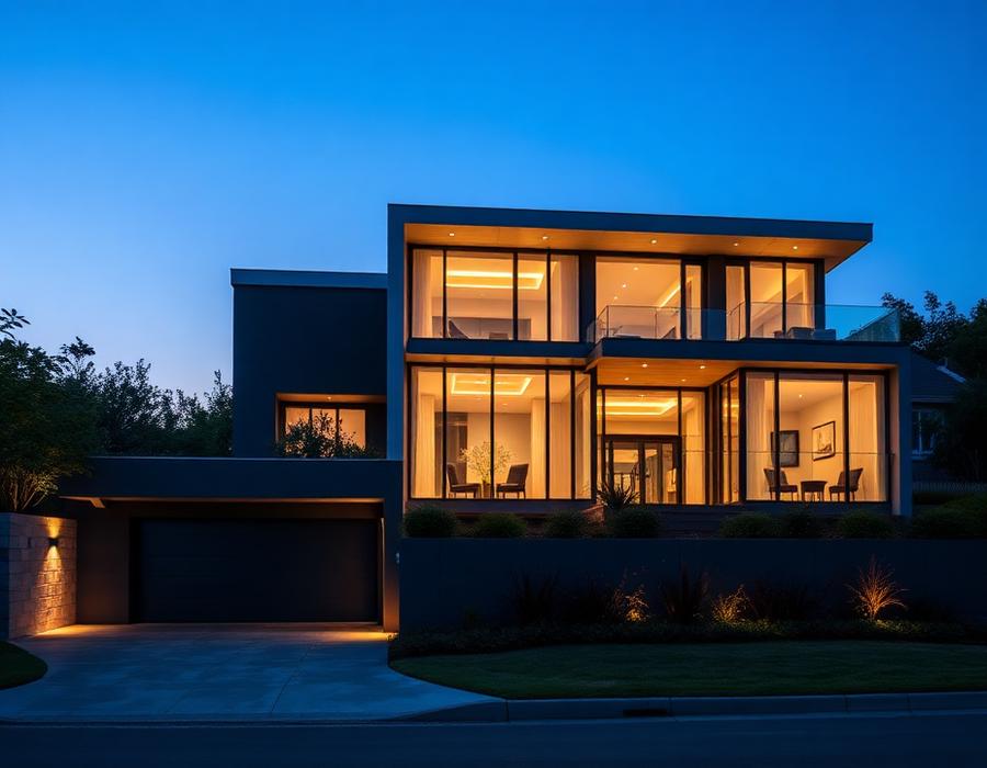 Modern luxury home exterior lit at dusk