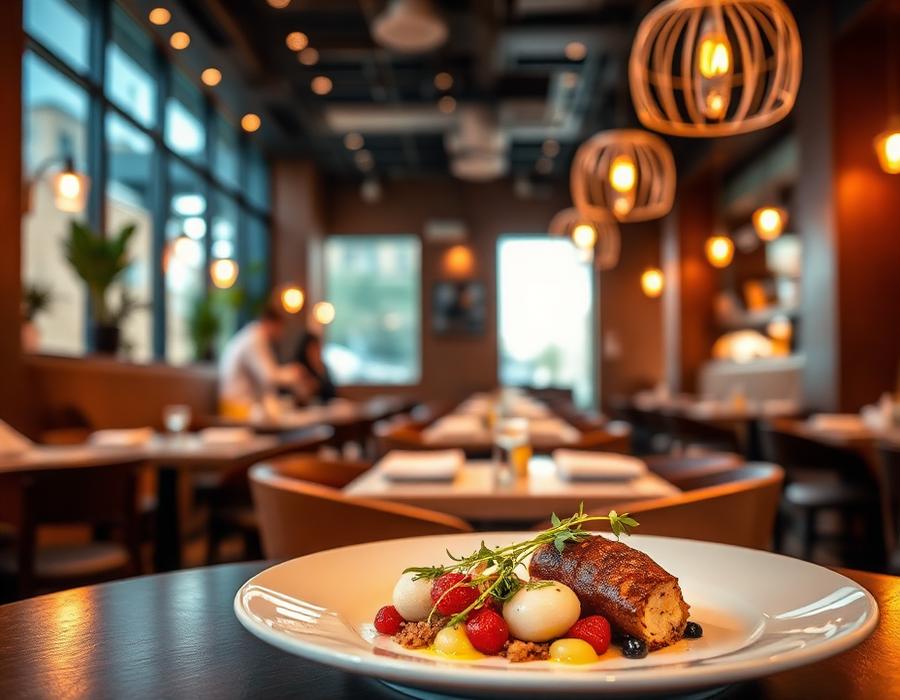 Plated gourmet dish in a warmly lit modern restaurant
